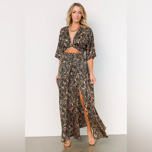 Baltic Born | Morlana Maxi Dress Black Tan Animal Print Slit Cut Out size L NWT - Picture 3 of 16